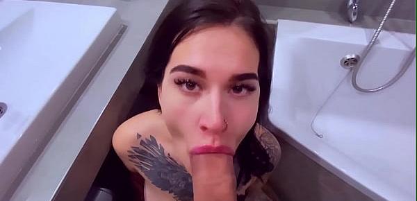  Tattooslutwife sucks a big cock in the bathroom. Gets a load in big mouth